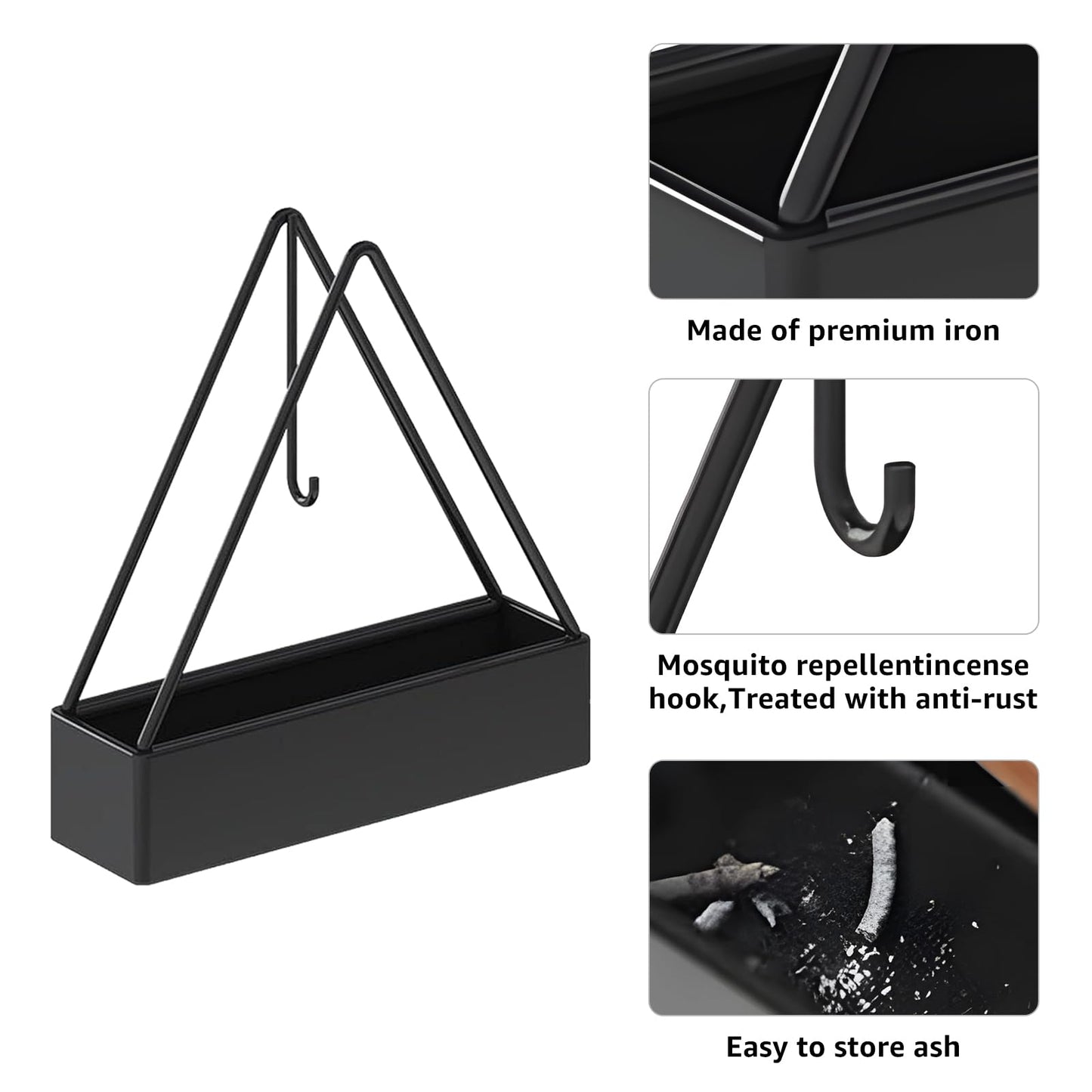 2 Pcs Black Iron Mosquito Coil Holder Full Metal Triangular Hanging Coil Tray Ash Catcher Fireproof Material Incense Holder Outdoor Home Garden Decor for Bar Courtyard Office Desktop (Black)