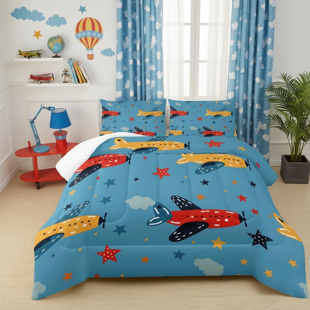 lneffble Kids Aeroplane Comforte Set Twin，Blue Airplane Bedding for Boys，Cute Star Quilt Pattern，Cute Bedroom Decor for Kids，1 Comforter 2 Pillow Cases