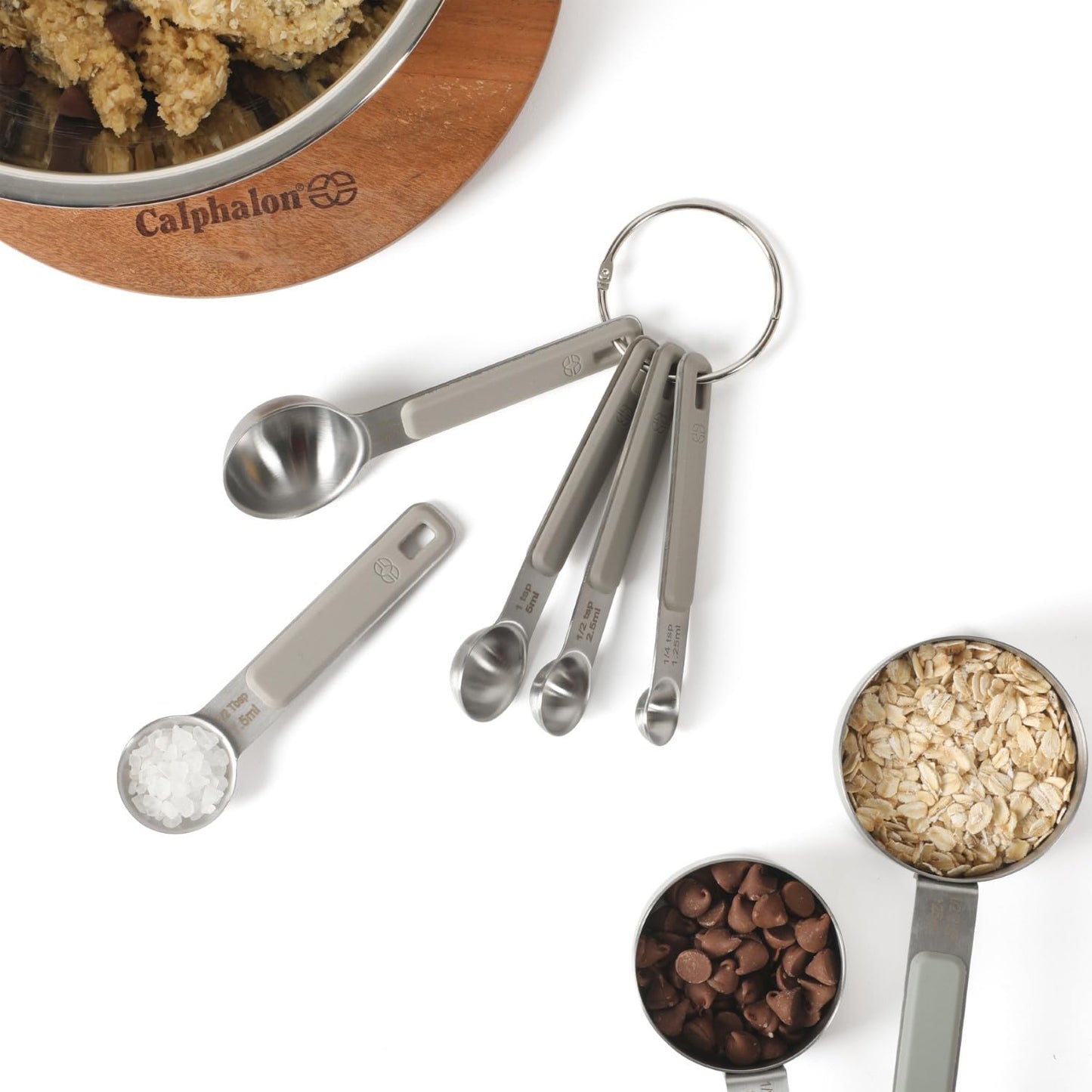 Calphalon Prime Measuring Spoons, 5-Piece Stainless Steel Measuring Spoon Set with Taupe Silicone Handles, Accurate Kitchen Measuring Tools for Spices, Baking & Small Portions