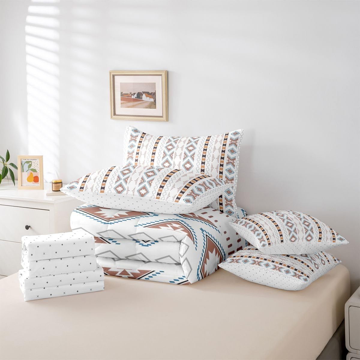 Bohemian Bed in a Bag Queen Comforter Set 7 Piece Geometric Triangle Western Bedding Sets Boho Striped Aztec Comforter and Sheet Set, Country Rustic Bed Sets Exotic Nordic Southwestern Decor,White