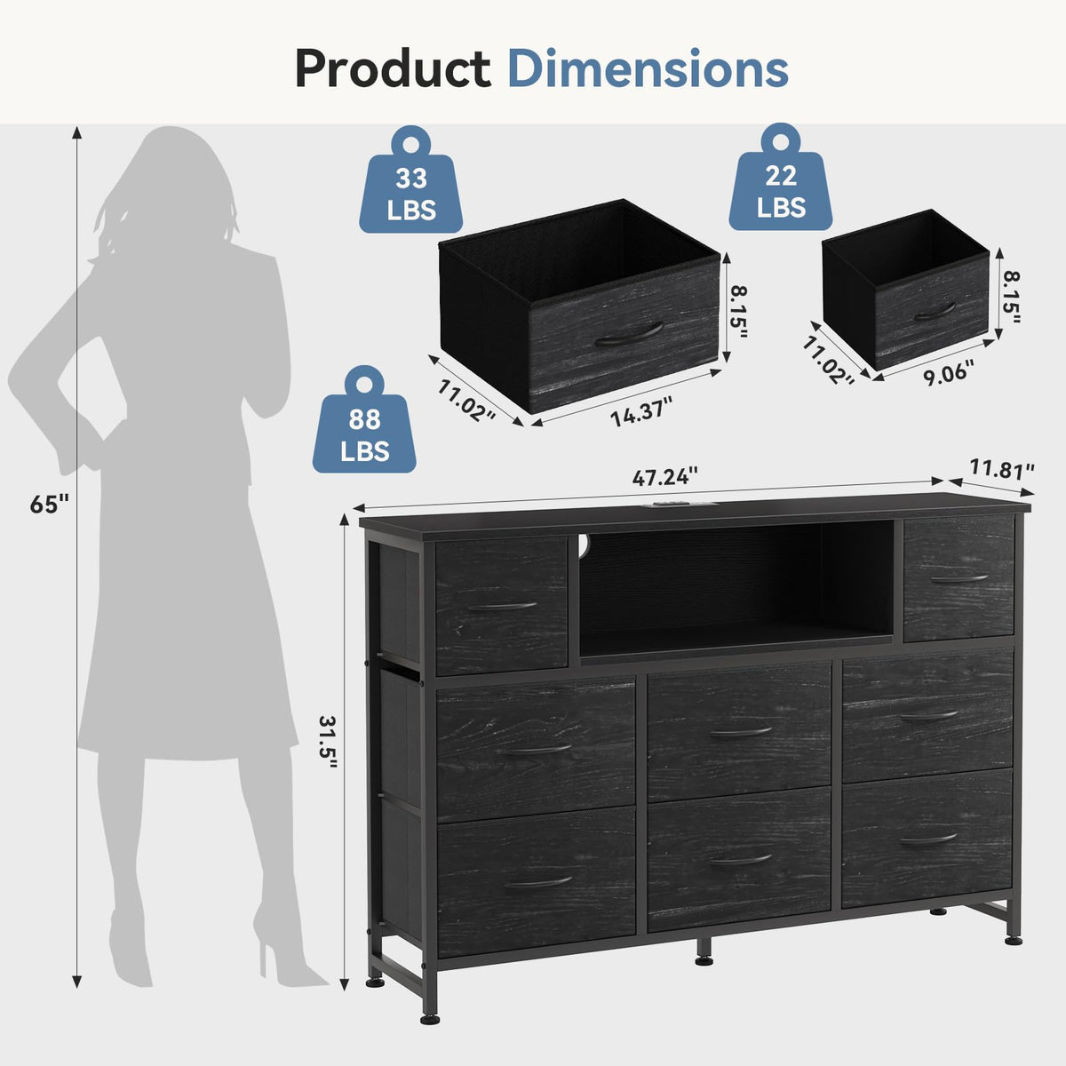 DUMOS TV Stand Dresser with 8 Fabric Drawers and Open Shelves, LED Entertainment Center with Charging Station, Wood Top Media Console for 45-55 inch, Bedroom, Woodgrain Black