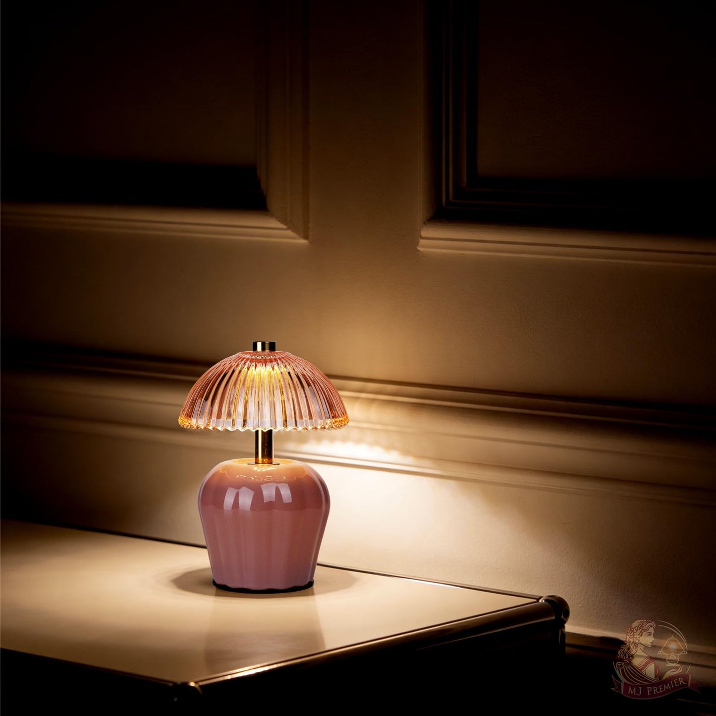 MJ PREMIER Rechargeable Table Lamp, Cordless Lamp with Timer, Mini Glass Mushroom Lampshade, Small Table Lamps, Decorative Led Light for Bedroom Living Room Shelf (Pink)