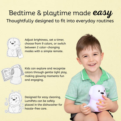 Lumipets Pepper The Puppy Dog Squishy Silicone Night Light for Kids | Cute Night Light with Remote & Touch Control for Baby & Toddler Bedrooms | Color Changing Animal Lamp | Soft Portable Nightlight