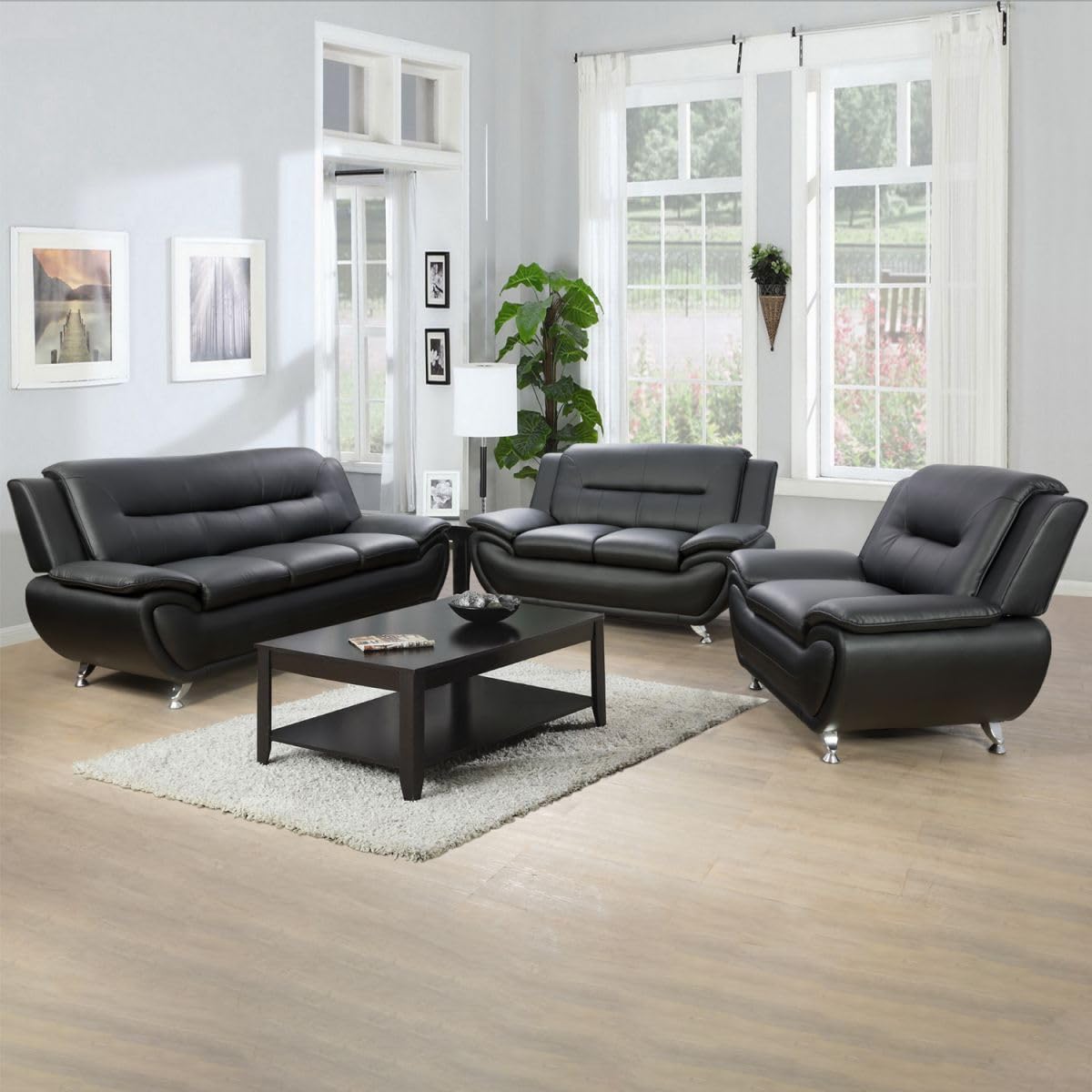 UOCFYK Lounge Comfy Faux Leather Sofa Modern Loveseat Couch for Small Living Room/Dorm/Bedroom/Office/Apartment for Small Spaces, (Black-2, Two-Person Seat)