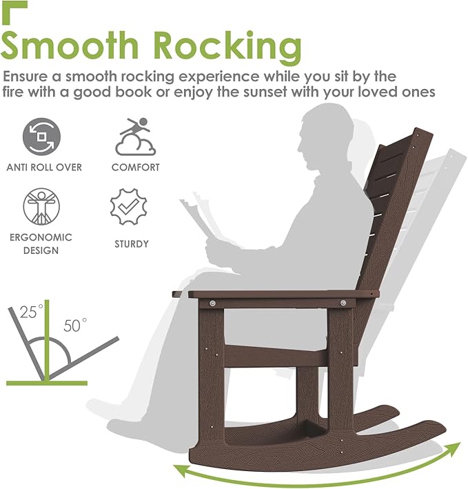 GREENVINES Outdoor Rocking Chair Set | 3-Piece | Dark Brown Wood Grain | 2 Rocking Chairs with 1 Side Table | Porch Rocker | HDPE Plastic | Patio Furniture Sets