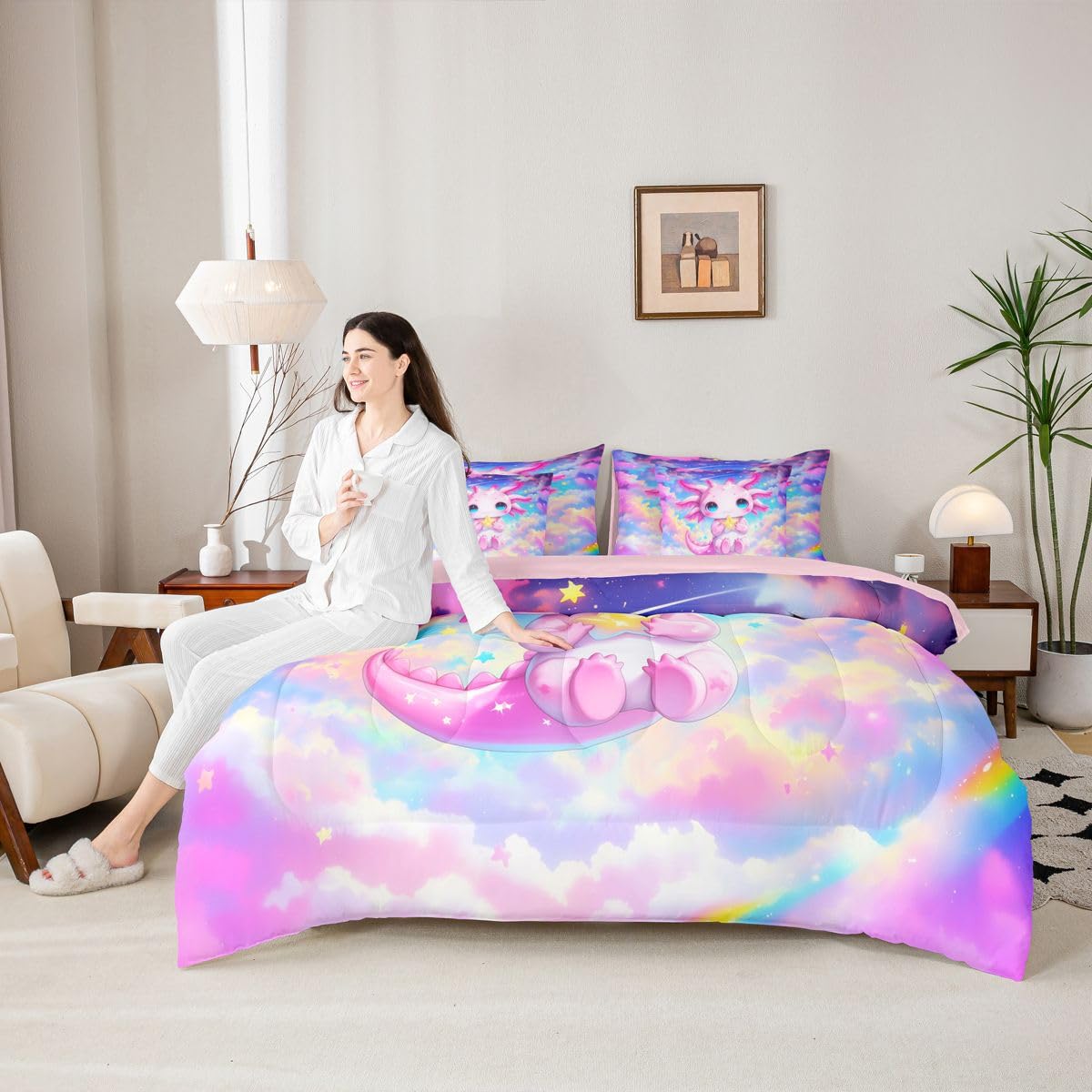 Erosebridal Kids Rainbow Axolotl Queen Bedding Set Girls Cute Axolotl Comforter Set with Flat and Fitted Sheet Rainbow Dreamy Stars Clouds 7-Piece Bed in a Bag Colorful Space Sky Quilt Sets