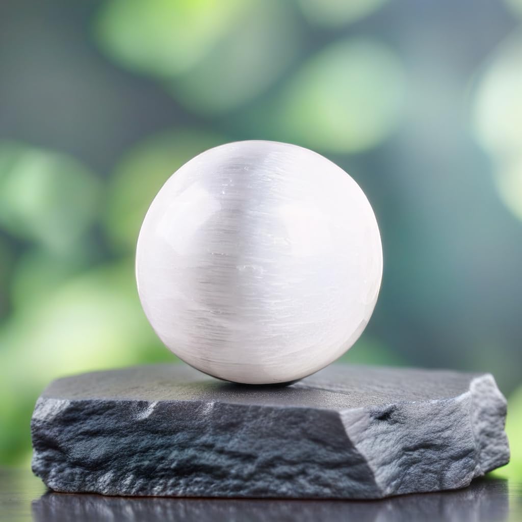 Selenite Sphere Crystal 3.14" with 4" Wooden Stand - Healing Crystals and Meditation Accessories for Spiritual Room Decor, Protection Crystals and Energy Healing - Crystal Decor Spiritual Gift