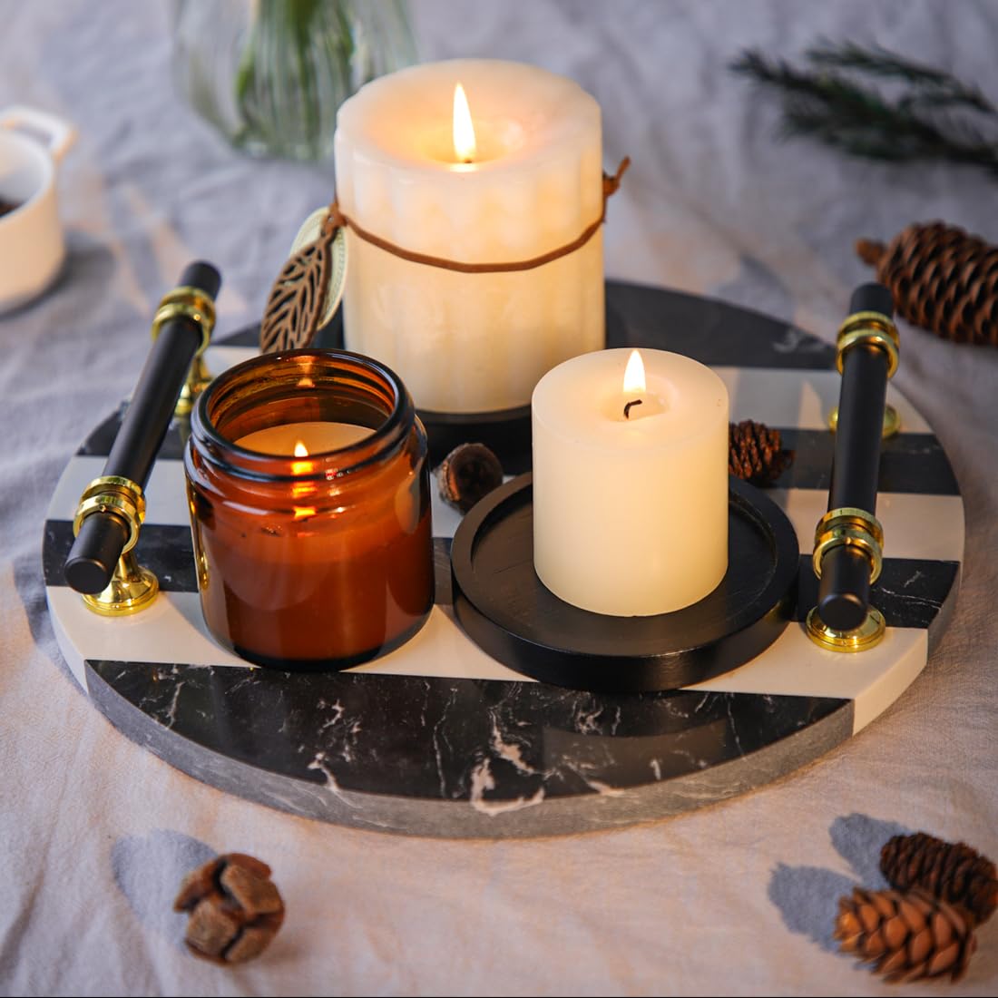 Black Wood Candle Holder - HALE OTEIR Wooden Pillar Candles Tray, Set of 4 Round Wooden Plate Pedestal Stand for Floating or Pillar Candles, Coffee Table Centerpiece for Home Decor
