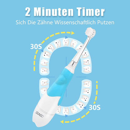 Seago Baby Toothbrush Age 0-2-3 Years Old Electric Toddler Kids Battery Powered Sonic Tooth Brush with Timer LED Light and 4 Soft Brush Heads for 6 Months and Up SG513 (Baby Blue)