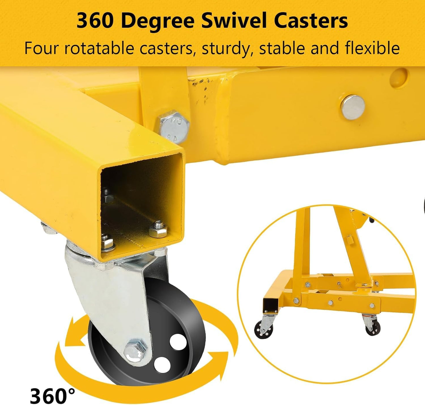 2 Ton Hydraulic Engine Hoist with Lever, 4400 LB Foldable Mobile Cherry Picker with 6 Casters & Adjustable Telescopic Booms, Heavy Duty Engine Crane for Garage, Workshops, Auto Repair, Yellow