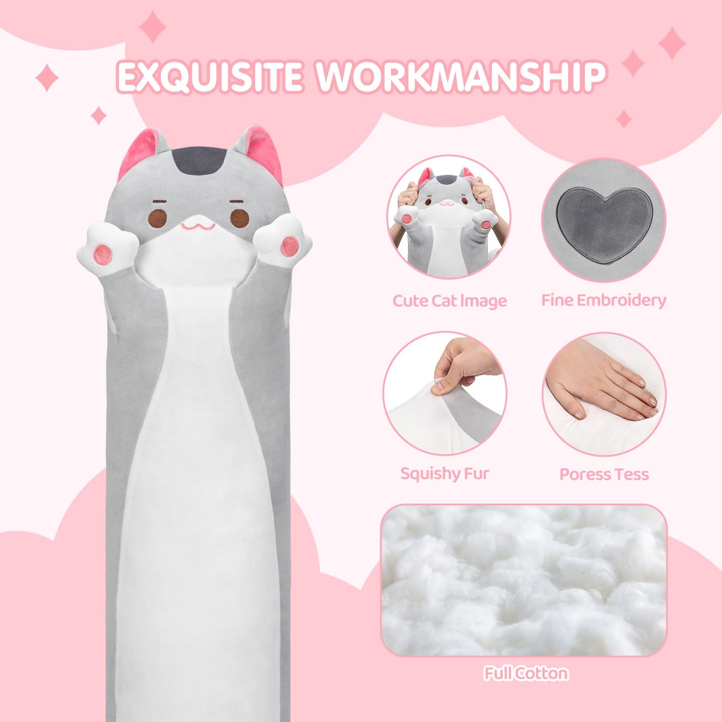 Mewaii 20in Long Cat Plush Pillows Stuffed Animals Squishy Pillows - Cute Plushie Kitten Sleeping Hugging Pillow Toys for Kids(Gray)