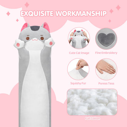 Mewaii 20in Long Cat Plush Pillows Stuffed Animals Squishy Pillows - Cute Plushie Kitten Sleeping Hugging Pillow Toys for Kids(Gray)