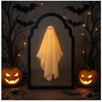 QIPECO Halloween Hologram Ghost Mirror with Creepy Eyes Night Light,Halloween Ghostmirror Spooky Halloween Haunted House Decor,Black Wood Frame (L)