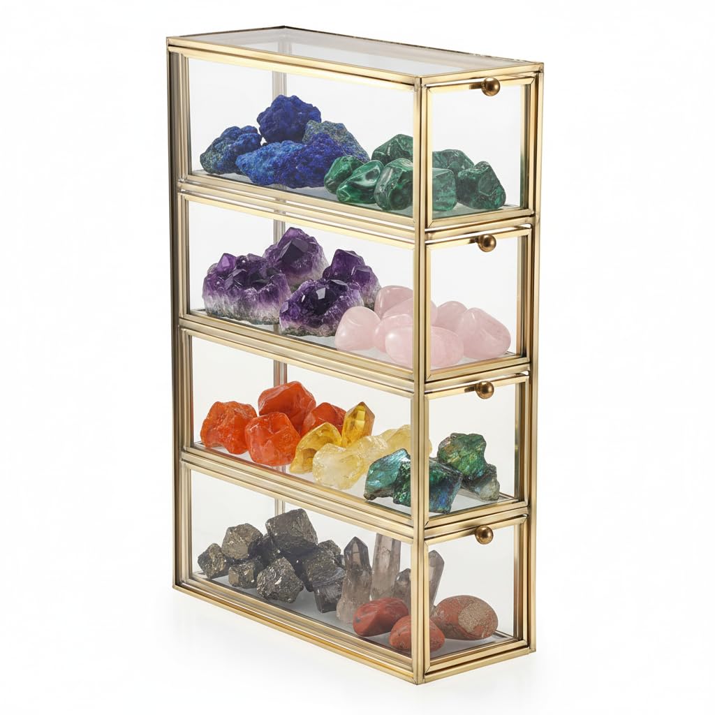JUXYES Tabletop Brass Glass Rock Display Case with 4 Drawers - Modern Clear Rocks Collections Display Case Box - Gold Dust Proof Case Small Shelf for Collectible, Mineral Crystal, Rock, Stones