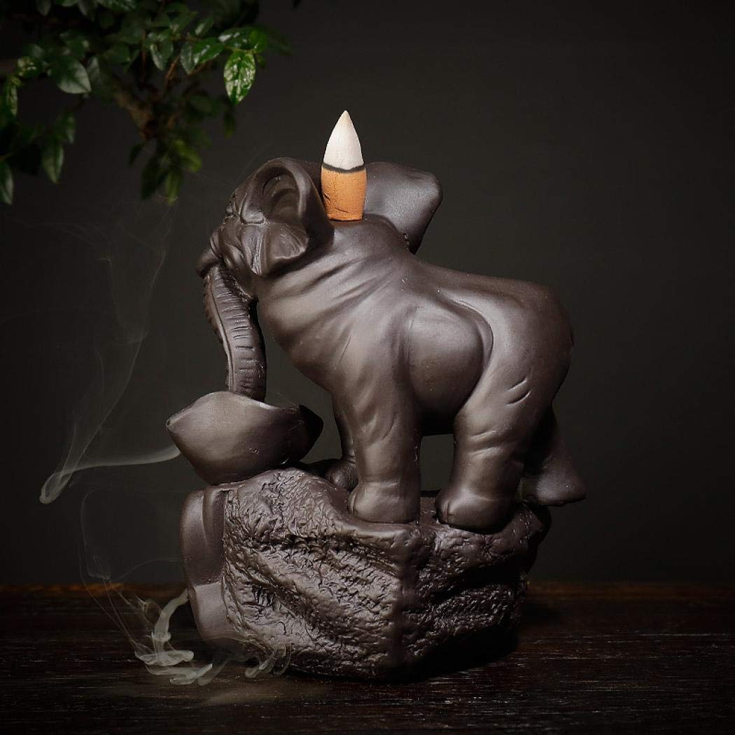 Backflow Incense Holder Burner Handmade Ceramic Incense Cones Sticks Holder Home Decor Waterfall Backflow Incense Burner Censer + 10 Backflow Incense Cones Gift (Elephant)