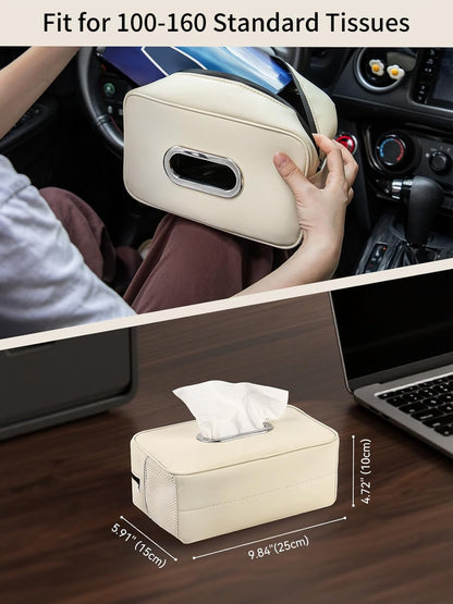 2 Pack Multi-Functional Car Tissue Holder with ‌2 Tuck Nets, Upgraded PU Leather Tissue Box Cover, Large Rectangle Napkin Storage Organizer, Keep Car Tidy, Beige
