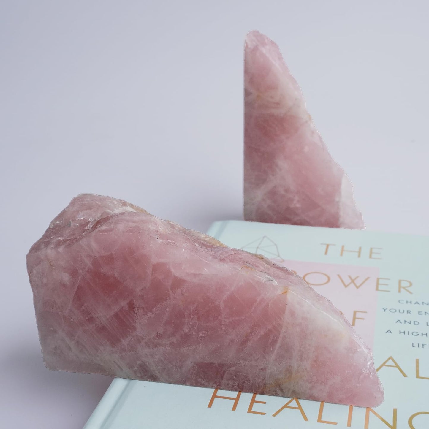 XMHOME Natural Rose Quartz Bookends with Rubber Feet 3-4Lbs Heavy Duty Non-Slip Pink Crystal Bookends | Raw & Polished Stone | Healing Office Decor Gift