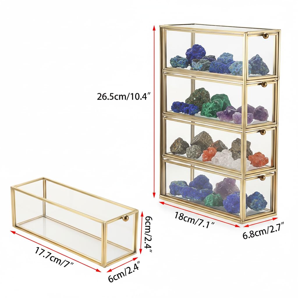 JUXYES Tabletop Brass Glass Rock Display Case with 4 Drawers - Modern Clear Rocks Collections Display Case Box - Gold Dust Proof Case Small Shelf for Collectible, Mineral Crystal, Rock, Stones