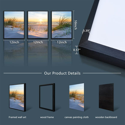 Black Framed Beach Wall Art Set - Blue Seascape Paintings for Living Room, Bedroom & Office - 12"X16" Each