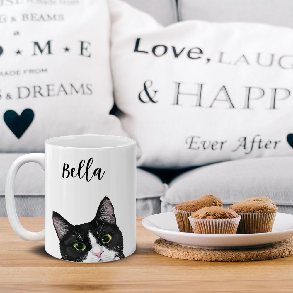 MUGBREW Personalized Coffee Mug with Your Name or Text, Customized Gifts For Christmas Birthday Anniversary, Ceramic 11 OZ Coffee Mug Tea Cup - Black White Tuxedo Cat