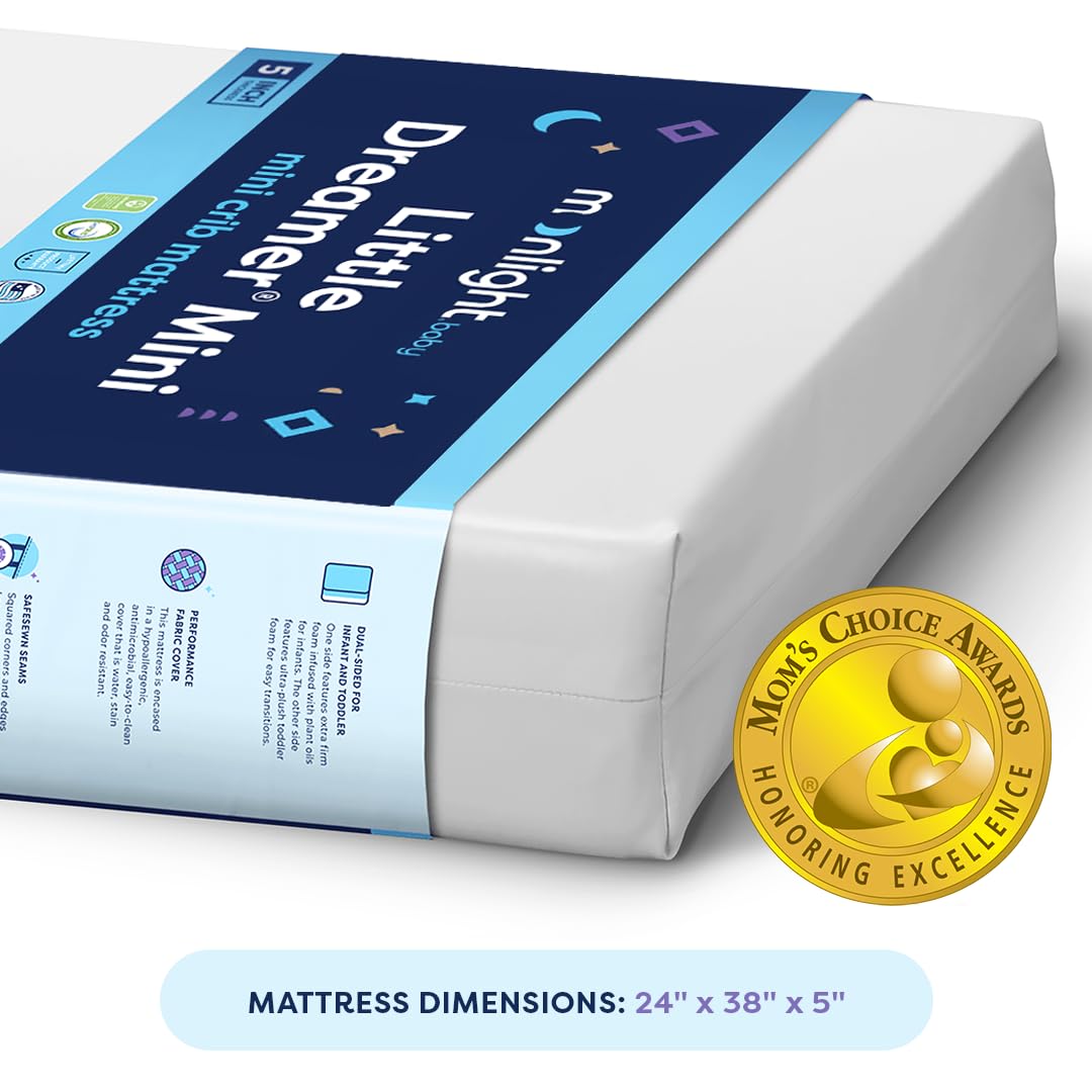 Moonlight Slumber Little Dreamer Mini Crib Mattress – Dual-Sided Baby and Toddler Mattress, Firm Infant Support, Waterproof and Hypoallergenic, 5" Foam, Mini Crib Size, 24 x 38 x 5, Made in USA