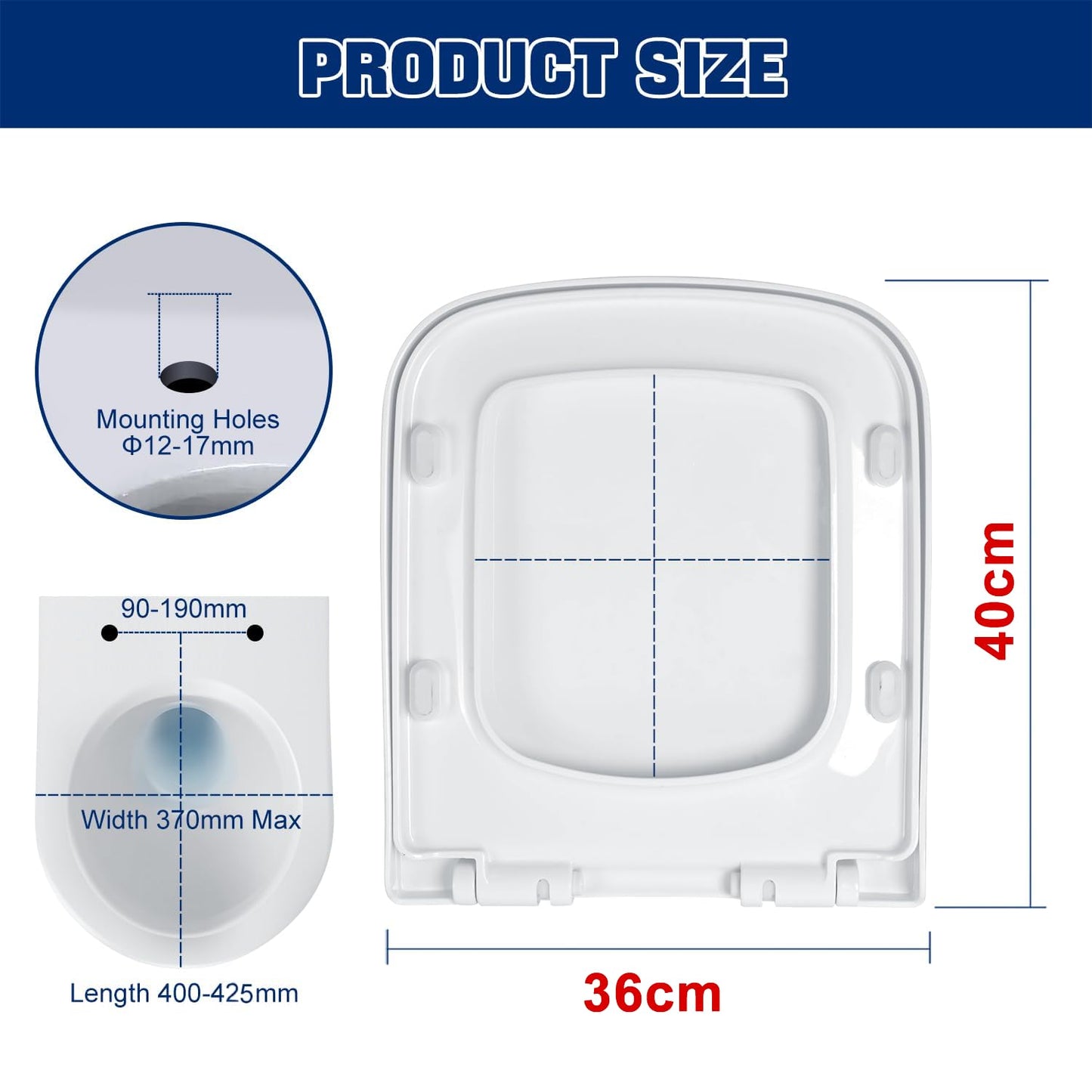 Mass Dynamic Square Toilet Seat- with Soft Close & Quick Release for Easy Cleaning, Universal Toilet Seat for Square Shaped Toilet Pans, Top Fixing Easy Installation (40.0cm L x 36cm W), White