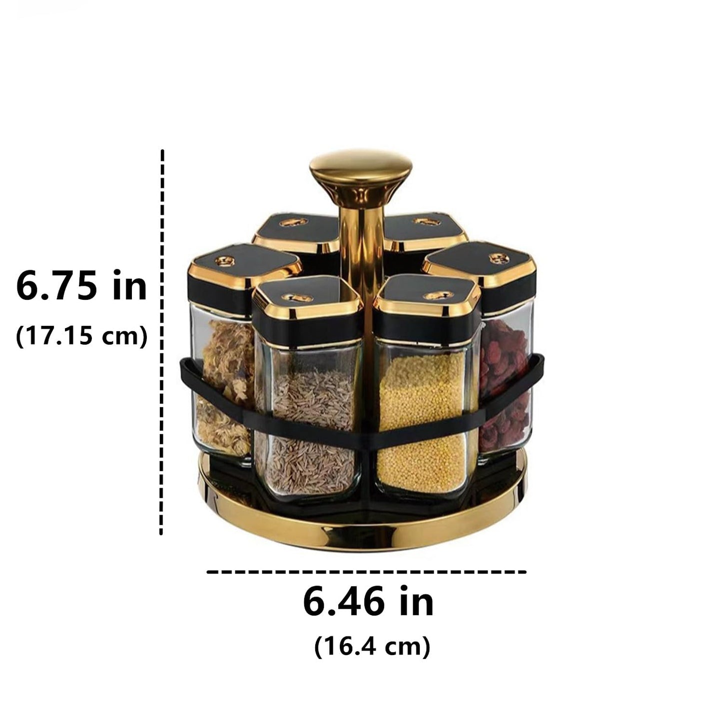 Spice Carousel 360° Rotating Lazy Susan Organizer - Multipurpose Spice Rack & Condiment Holder with 6 Salt & Pepper Jars, Revolving Durable Storage Tray for Kitchen (Black with Gold Accents)