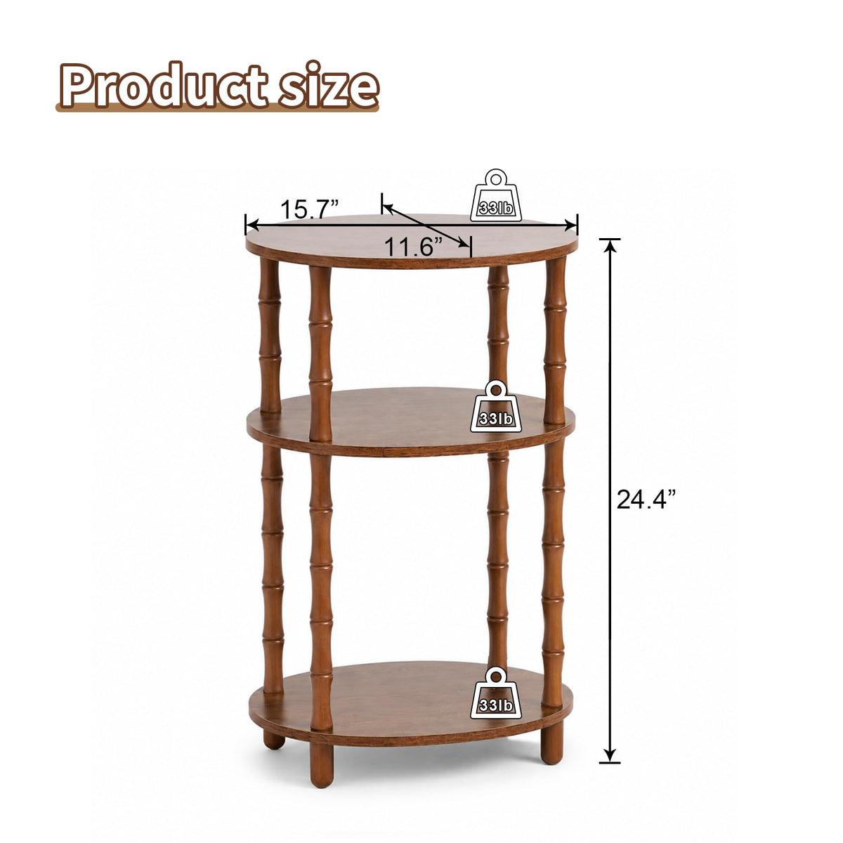 Orvado Side Table, 3-Tier Oval Accent Small End Table, Modern Oval Nightstand Accent Table for Small Space, Bedrooms, Living Room, Easy to Assemble, Rustic Brown