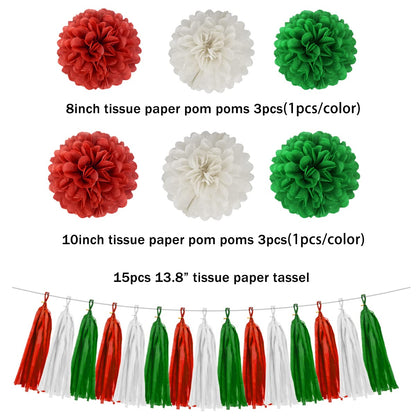 Red White Green Christmas Decorations - 23pcs Tissue Paper Flowers Pom Poms Tassel Garland Banner 3D Christmas Tree Paper Streamers Birthday Party Decorations For Home Indoor Outdoor Hanging Decor