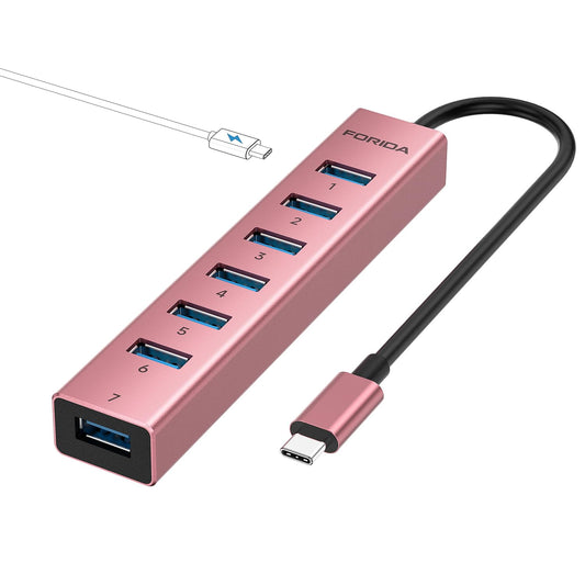 FORIDA Aluminum Alloy 8 Port USB Hub Long Cable USB Splitter with 7-USB3.0 Data Ports and TypeC 5V/3A Power Port Compatible with MacBook, Laptop,Surface Pro, PS5, PC and More (Gray, USB A-47in)