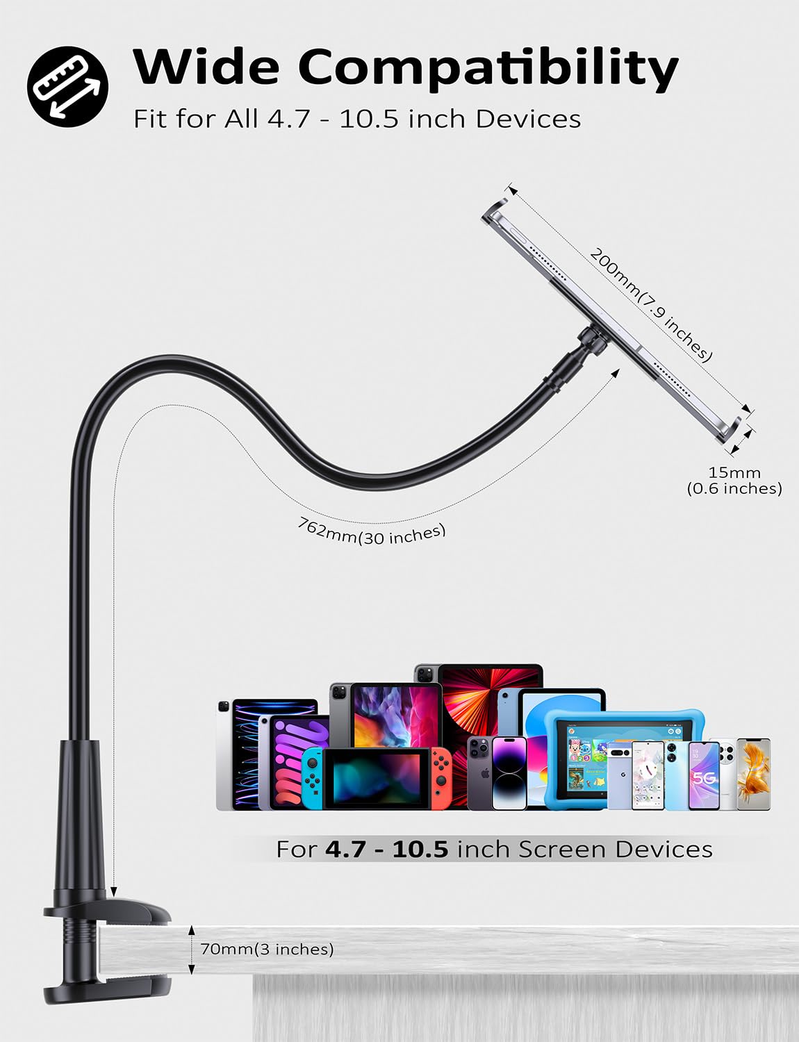 Tryone Gooseneck Tablet Holder Stand for Bed Adjustable Flexible Arm Tablets Mount Clamp on Table Compatible with iPad Air Mini | Galaxy Tabs | Kindle Fire | Switch or Other 4.7-10.5" Devices