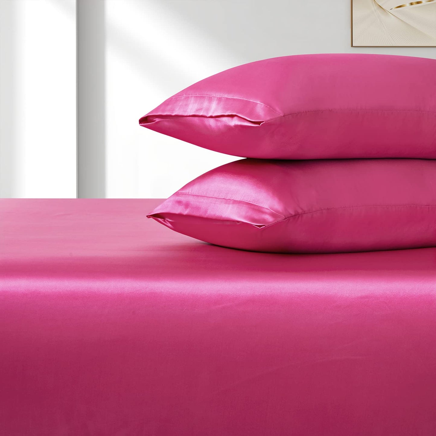 VACVELT 3pcs Extra Deep Pocket Satin Fitted Sheet Set King Bed Set, Hot Pink Bottom Sheet Fit 18-24 Inch Deep Pocket Mattress, Silky Bedding Set Soft & Ultra Deep Fitted Sheet & 2 Pillowcase