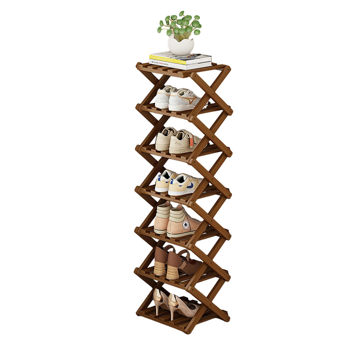Comeon Shoes Rack for Front Door,Space Saving Wooden Shoes Organizer Entryway Corner Folding Shoe Shelf ([Tawny] 7 Layers)
