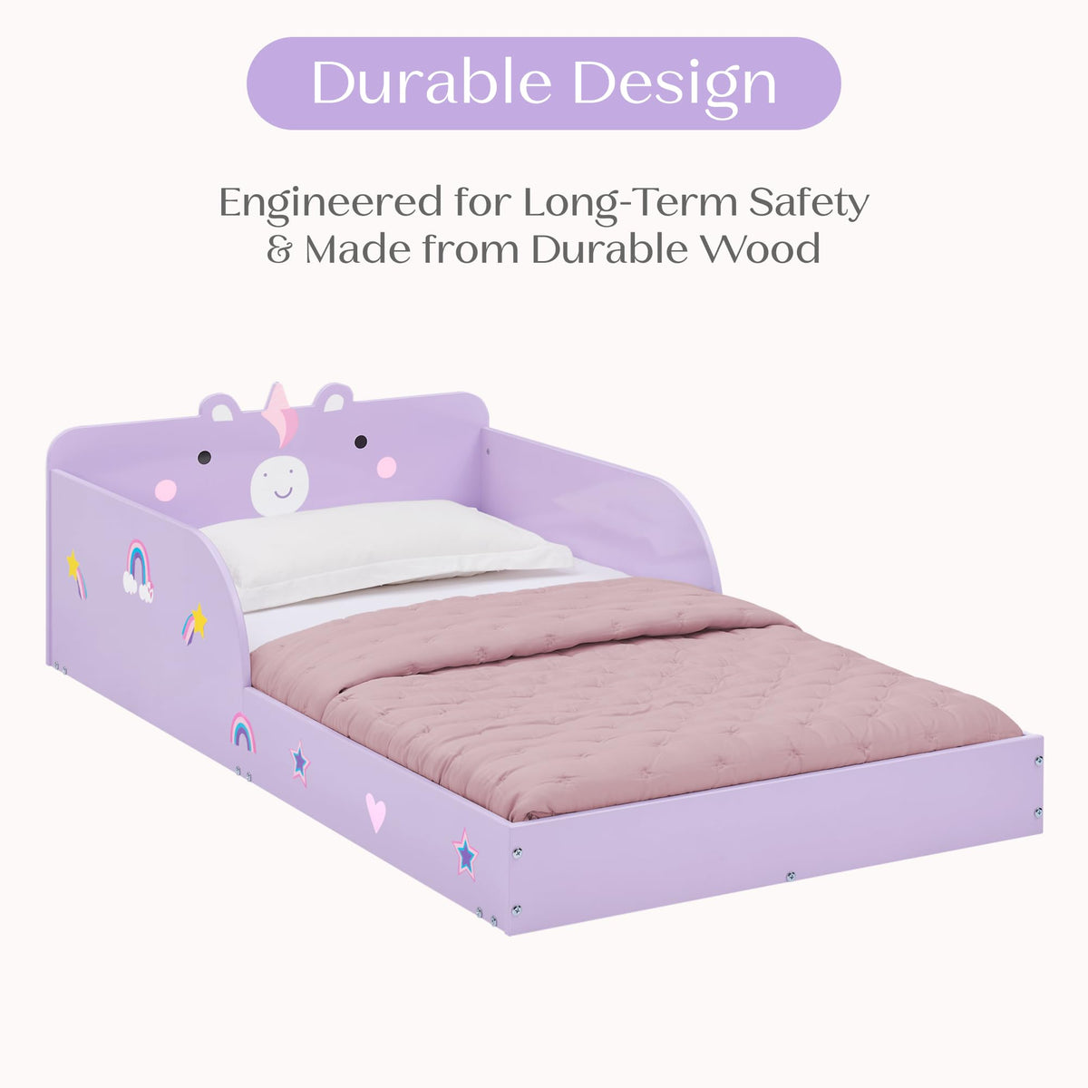 Delta Children Unicorn Wood Floor Toddler Bed with Reusable Stickers, Purple