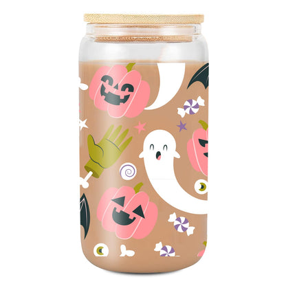 FIQZYOTHC Pink Pumpkin Halloween Cup, Spooky Iced Coffee Glass, 16oz Cute Ghosts Cups w/Lids Straws, Ghost Bats Décor Halloween Tumbler Gifts for Women, Teens, Girls, Boo Basket Stuffers