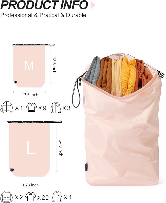 Travel Laundry Bag, Pump Free Vacuum Storage Bag Reusable Compression Dirty