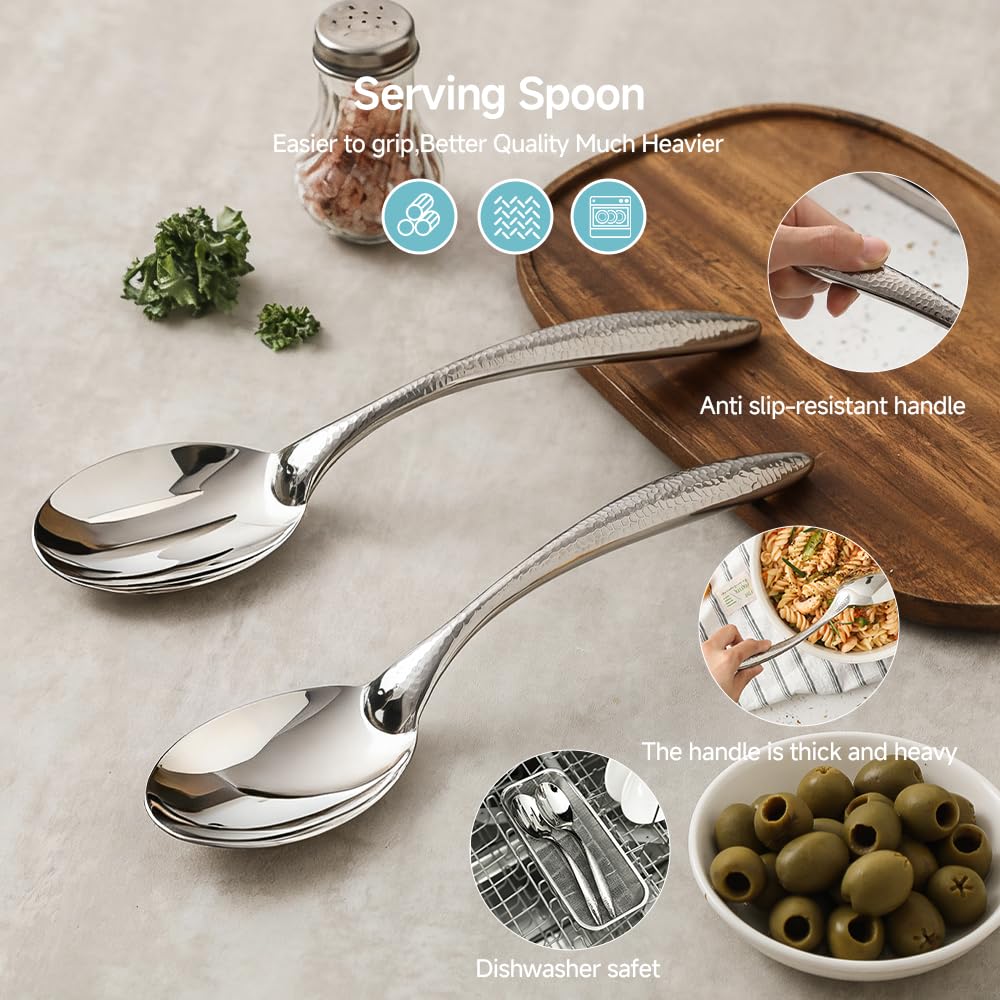 Stainless Steel Serving Spoon Set of 2, Solid Spoon & Slotted Spoon with Thick Non-Slip Ergonomic Handle, Heavy Duty Serving Utensils for Buffet, Party, Kitchen, 9.84 Inch