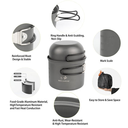 WAILAMHK Camping Cookware Mess Kit, 17 pcs Backpacking Cooking Gear, Lightweight Camping Pots and Stove Set for 3 Person, Outdoor Cooking Gear Ideal for Camping, Hiking, Backpacking and Picnic