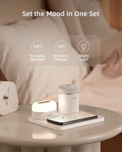 EZVALO 3 in 1 Charger Station with LED Night Light, Portable Bluetooth Speaker, Wireless Charging Station for Multiple iPhone, Samsung/Huawei/Honor/Xiaomi/Oppo, Gifts for Women, Birthday Tech Gifts