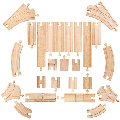 Bigjigs Rail Low Level Train Track Expansion Pack | 25 Wooden Pieces to Add on Starter Railway Set | Toy Trainset Includes Accessories, Connectors for Extension | Educational Gift for Kids ages 3+