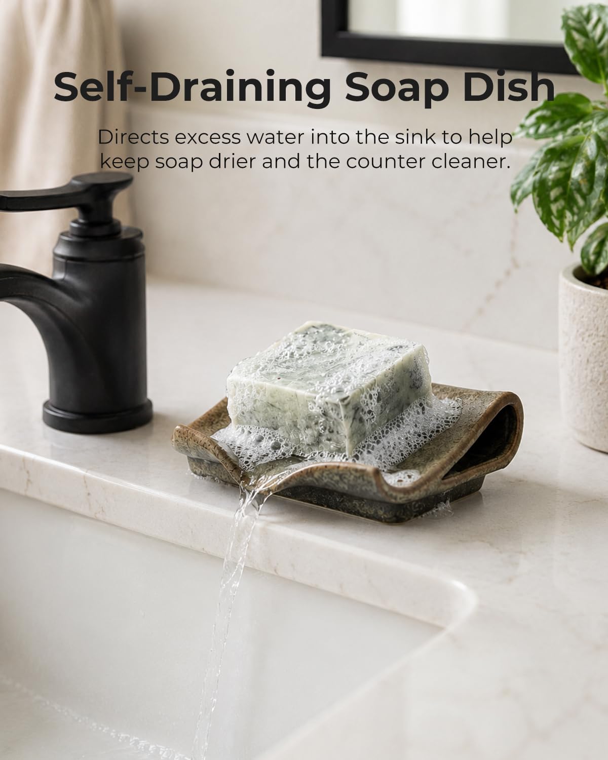 Zoeeker Self-Draining Soap Dish, Ceramic Bar Soap Holder Waterfall Design Soap Saver for Bathroom, Kitchen, Sink, Countertop, Keeps Dry, Variegated Brown Glaze