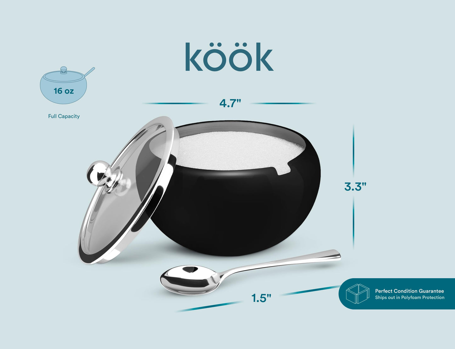 KooK Sugar Bowl, Sugar Bowl with Lid and Spoon, Sugar Container with Lid, for Salt, Coffee, Holds 2 Cups, Dishwasher Safe, Matte Black, 16 Oz