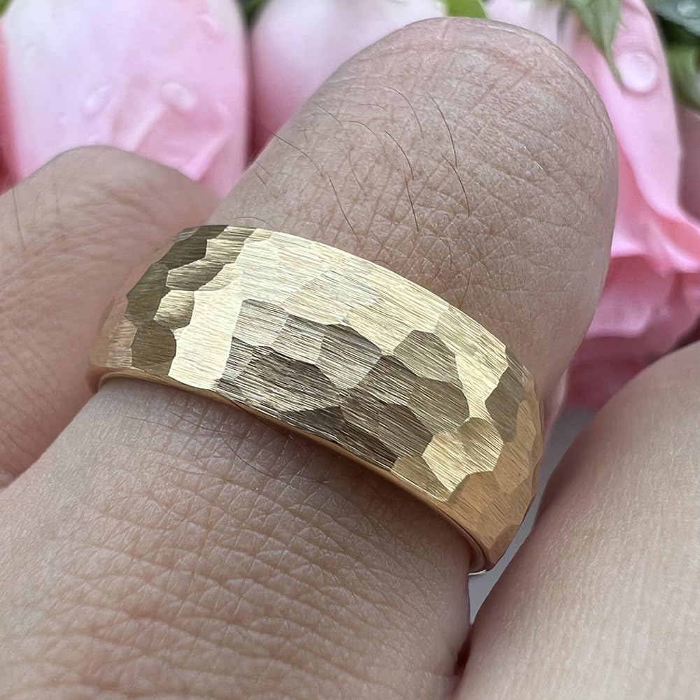 TUTISS 8mm Gold Hammered Tungsten Rings for Men Women Engagement Wedding Bands Domed Matte Finish Comfort Fit Size 9.5