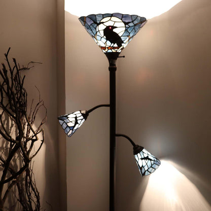Bieye L10957 Raven Sitting on Bare Tree Branch in Full Moon Night Tiffany Style Stained Glass Torchiere Floor Lamp with Sidelights for Reading Home Decor, 70-inches Tall (Dark Blue)