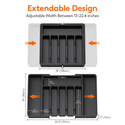Lifewit Large Cutlery Drawer Organiser, Extendable Cutlery Tray, Kitchen Utensil Spoons Forks Knives Holder Storage, 8 Compartment, Black