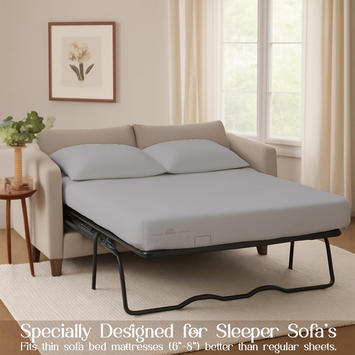 Sleeper Sofa Bed Sheet, 100% Cotton 400 Thread Count, 4 Piece Set, Deep Pocket Fitted Sheet, Soft Wrinkle Free & Breathable, Luxury Hotel Quality, Fits Up to 6 Inch Mattress (Full, Light Grey)