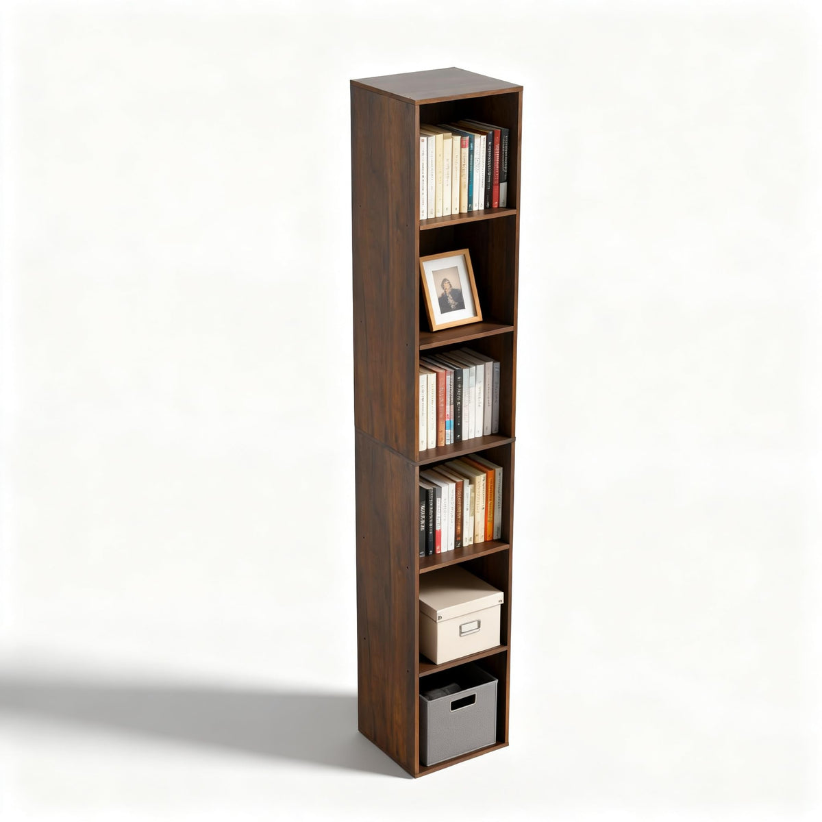 NewBeth 6 Cube Storage Organizer, Narrow Open Shelf Bookcase, Freestanding 6 Tier Low Display Bookshelf for Home Office, Living Room, Bedroom, Dark Brown & Black Walnut