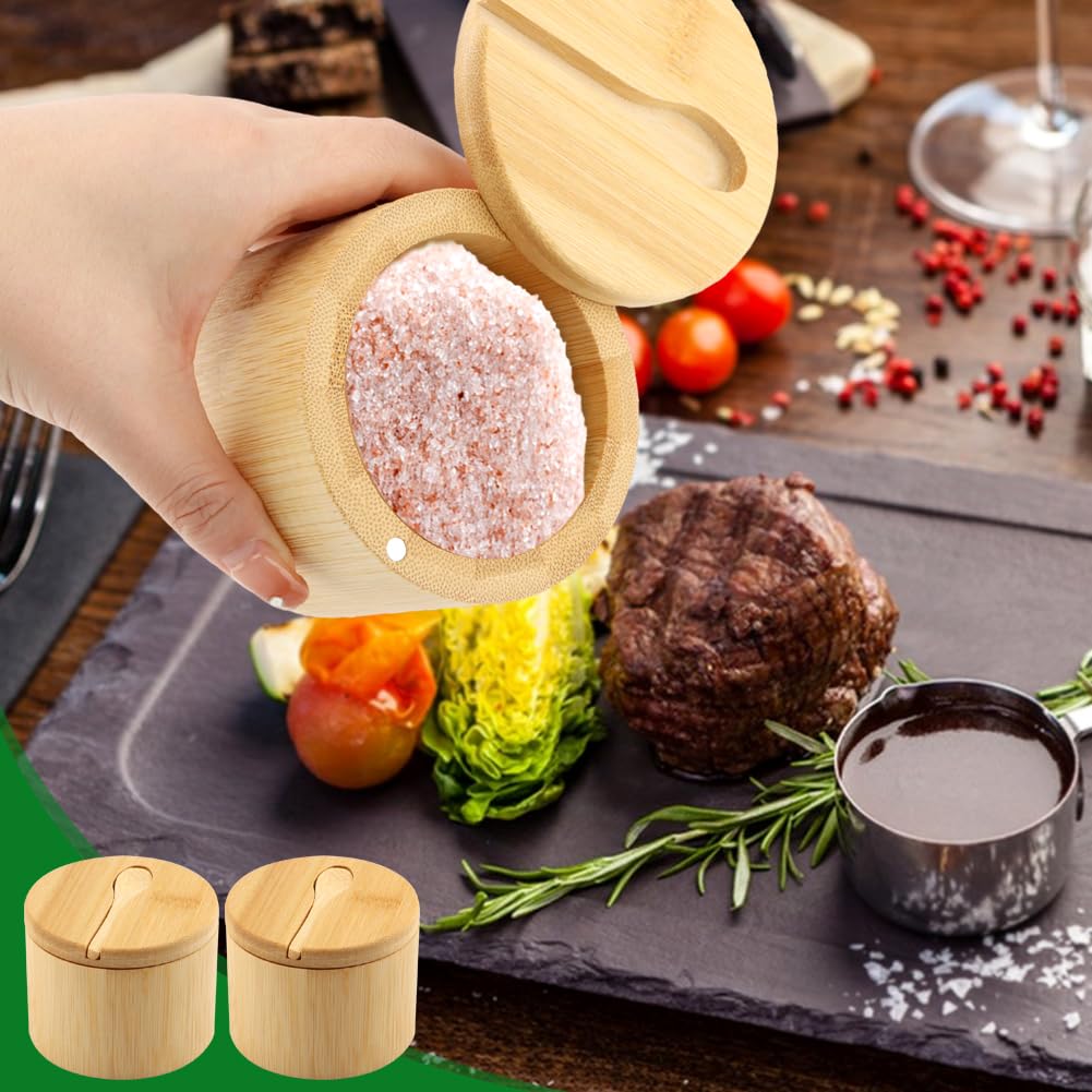 Jeyntanc 2Pcs Bamboo Salt Cellar with Magnetic Swivel Lid & Spoon, 6 oz Spice Bowl Bamboo Storage Box Salt Container to Storage Pepper, Table Salt, Gourmet Salts, Spice, Sugar(SIZE:6 oz)
