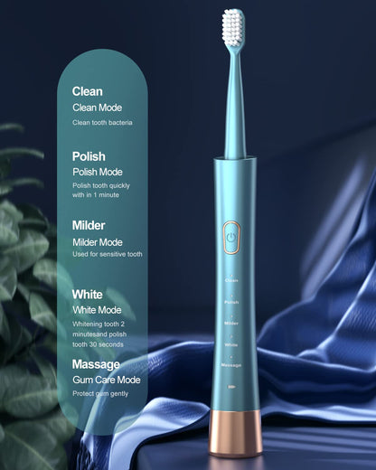 Sonic Electric Toothbrush for Adults, USB Rechargeable Sonic Toothbrush with 8 Brush Heads, Smart Timer, 5 Modes, 2-Hour Fast Charge Last 30 Days, Pink