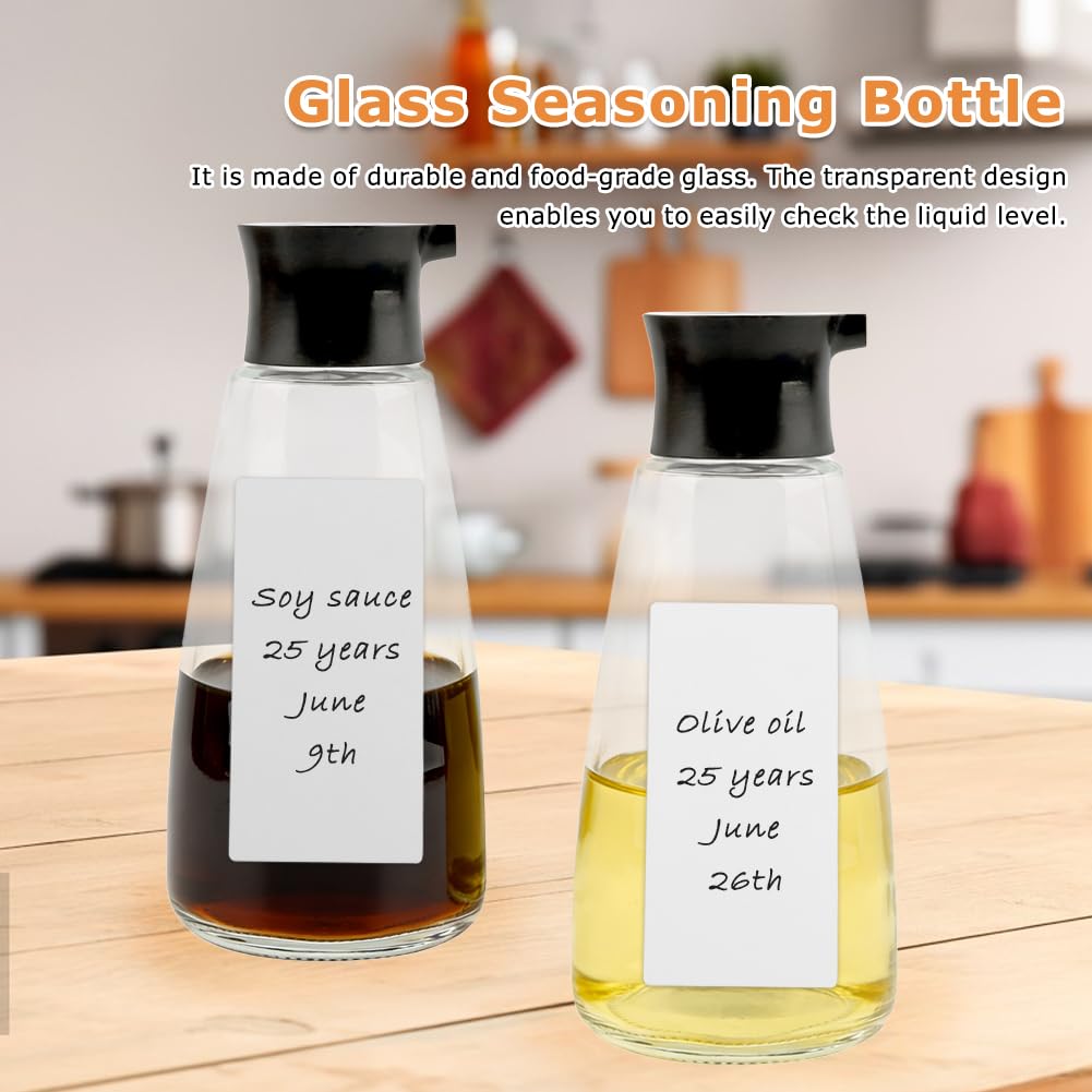 Quivorant 2pack Glass Soy Sauce Dispenser, 9.6oz Leak-Proof Clear Oil and Vinegar Bottles with Spout, Soy Sauce Containers Set with Blank Writable Labels, Cruet Dispenser for Kitchen Cooking Barbecue